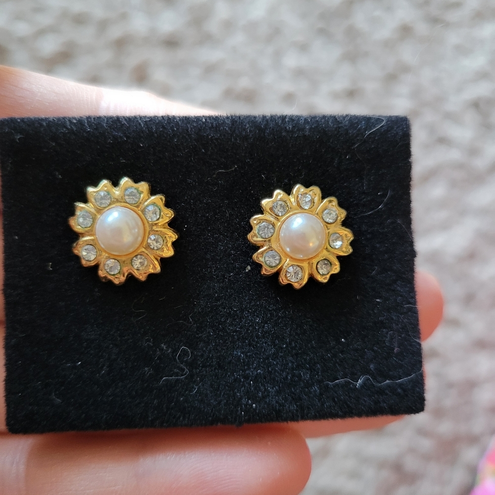 Vintage Faux Pearl and Rhinestone Post Earrings